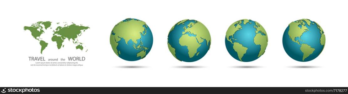 Earth Globes collection. Set of 3d earth globes with shadow. Travel around the world concept. Eps10. Earth Globes collection. Set of 3d earth globes with shadow. Travel around the world concept