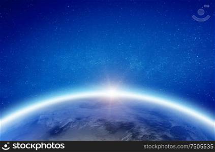 Earth glow horizon. Elements of this image furnished by NASA. 3d rendering. Earth glow horizon