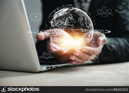 Earth held in human hands signifies global network connections and innovative technology. This image encapsulates concepts of science, communication, and energy-saving. Background, Big data analytics