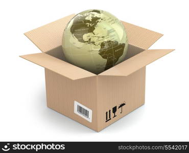 Earth in cardboard box on white isolated background. 3d