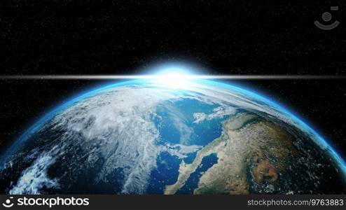 Earth in deep space with lighting sunlight. Group of stars on black background. Astronomy and science concept. Blue Marble Global and Dark planet theme. Elements of this image furnished by NASA. 