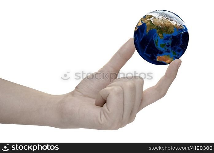 Earth in hand on white background