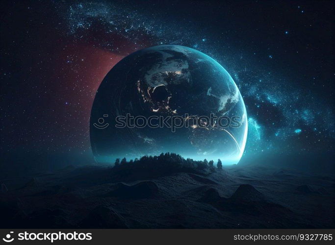 Earth in sky at night background asset game 2D futuristic generative ai