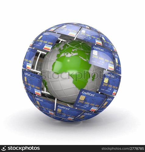 Earth in sphere from credit cards. 3d