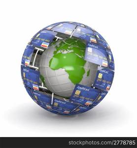 Earth in sphere from credit cards. 3d