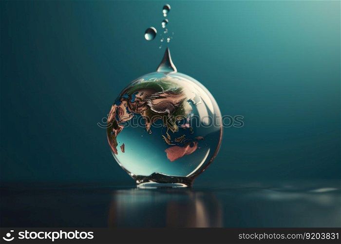 Earth inside water drop. Ocean globe cycle. Generate Ai. Earth inside water drop. Generate Ai