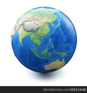 Earth isolated on white background with soft shadow. Focus on China, South East Asia, Australia, Oceania. Map and earth data used is computer generated in public domain from www.naturalearthdata.com. Earth isolated on white background