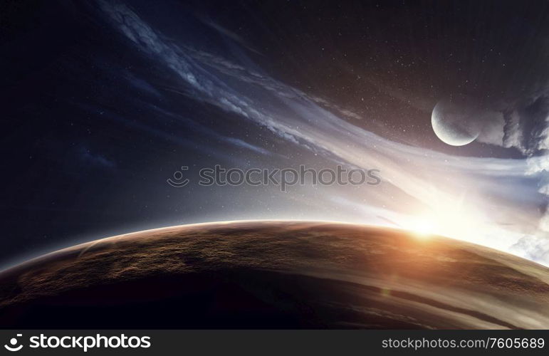 Earth, moon and stars on night blue sky. Earth, moon and stars on blue dark sky