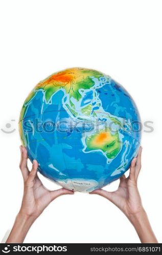 earth on children hand on white background. Earth on children hand