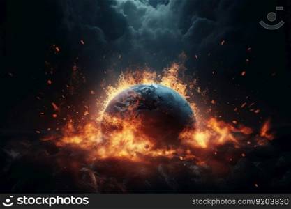 Earth on fire. Space disaster danger. Generate Ai. Earth on fire. Generate Ai