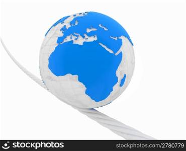 Earth on rope on white isolated background. 3d