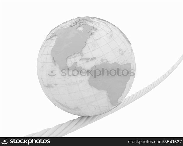 Earth on rope on white isolated background. 3d