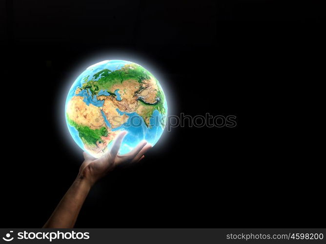 Earth planet. Close up of human hand holding Earth planet. Elements of this image are furnished by NASA