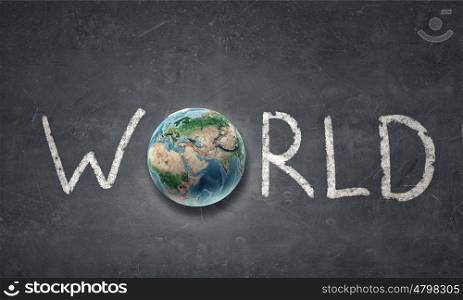 Earth planet completing word world. Word world with Earth planet instead of letter O. Elements of this image are furnished by NASA
