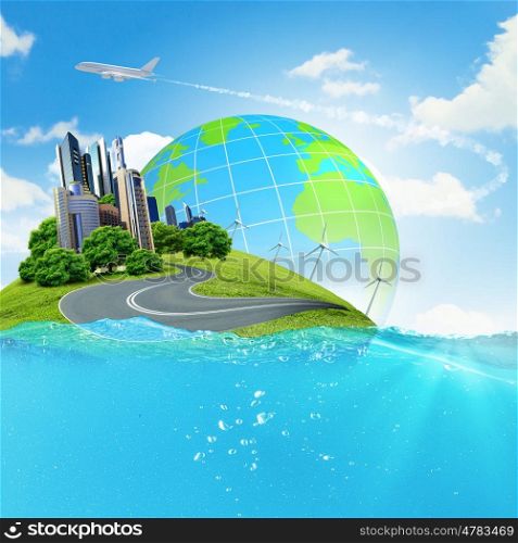 Earth planet in water. Image of earth planet floating in water. Global warming