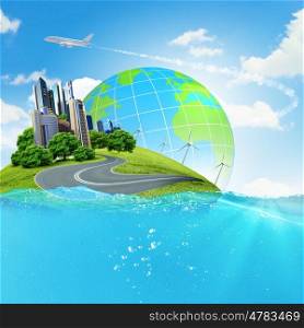 Earth planet in water. Image of earth planet floating in water. Global warming