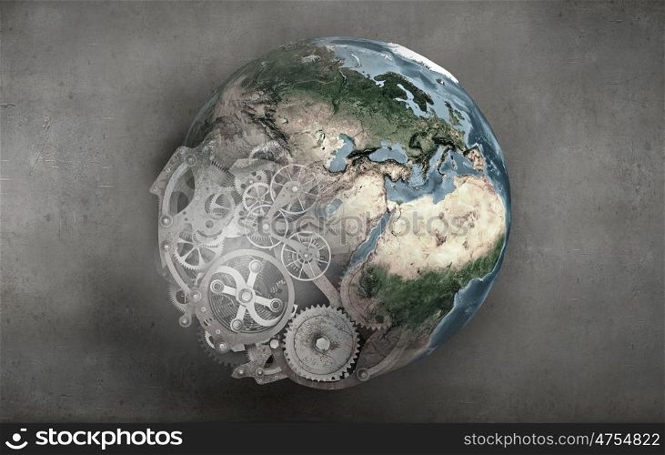 Earth planet made of gears. Elements of this image are furnished by NASA. Spinning Earth planet