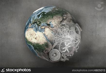 Earth planet made of gears. Elements of this image are furnished by NASA. Spinning Earth planet