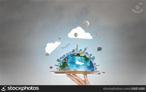 Earth planet on metal tray. Hand of waiter holding tray with Earth planet. Elements of this image are furnished by NASA