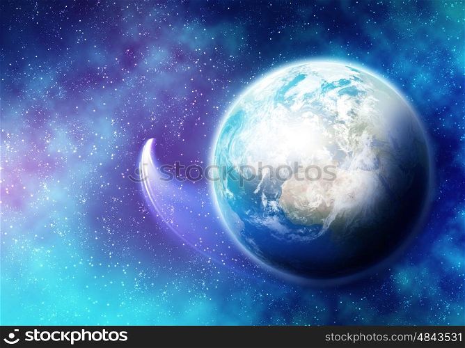 Earth planet. Space image of planet Earth and satellite. Elements of this image are furnished by NASA