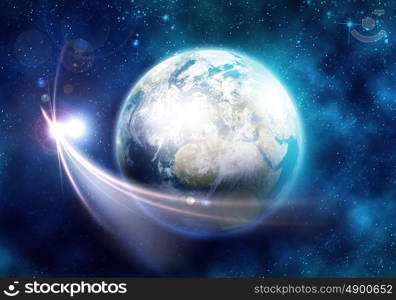 Earth planet. Space image of planet Earth and satellite. Elements of this image are furnished by NASA