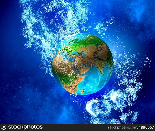 Earth planet under water. Earth planet sinking in clear blue water. Elements of this image are furnished by NASA