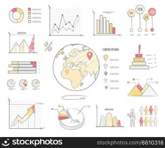 Earth population statistics charts isolated on white background. Planet model and statistic data with discription vector illustration. Colorful graphics and diagrams for presentation visualization.. Earth Population Statistics Charts Illustration