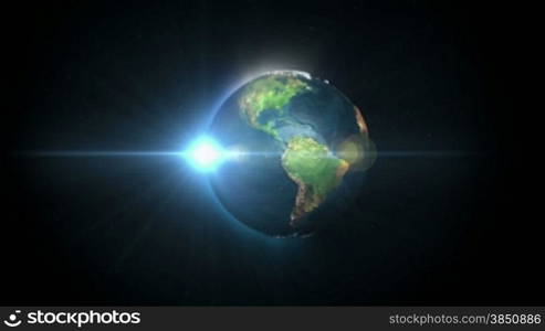 Earth Rotating Sun Rises, Blue Flare