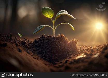 Earth&rsquo;s Day. View of a sprout growing in the soil. Generative AI