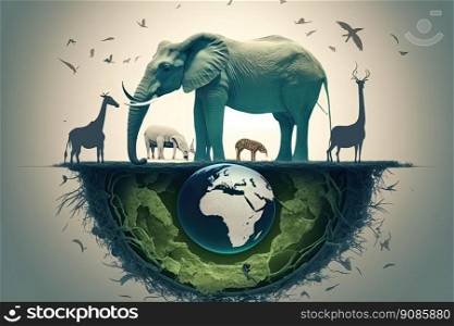 Earth s day represented with a big elephant and others big animals. Generative AI