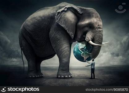Earth s day represented with a big elephant holding the world. Generative AI