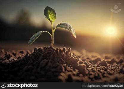 Earth’s Day. View of a sprout growing in the soil. Generative AI
