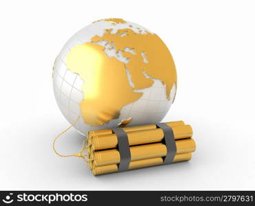 Earth with dynamite on white isolated background. 3d