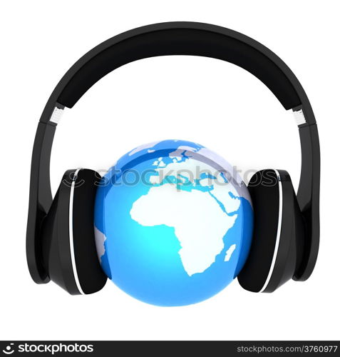 earth with headphones. World music concept isolated on white