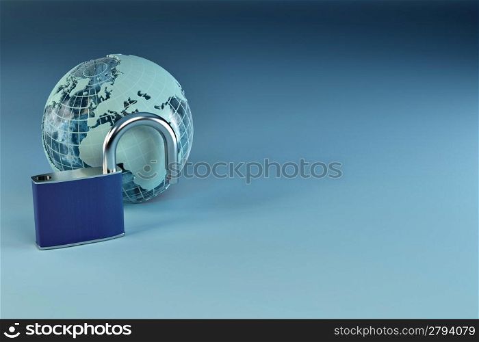 Earth with padlock on blue background. 3d