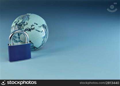 Earth with padlock on blue background. 3d