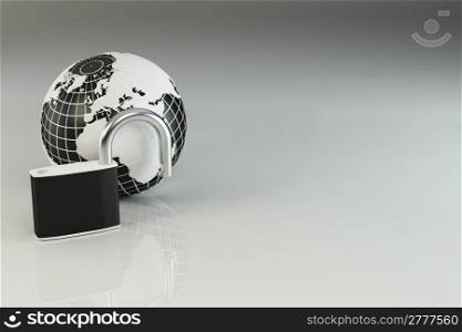Earth with padlock on grey background. 3d