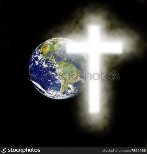 Earth with religious cross with black background. Elements of this image are furnished by NASA, http://visibleearth.nasa.gov/view.php?id=54388