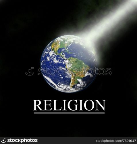 Earth with religious light beam with black background. Elements of this image are furnished by NASA, http://visibleearth.nasa.gov/view.php?id=54388