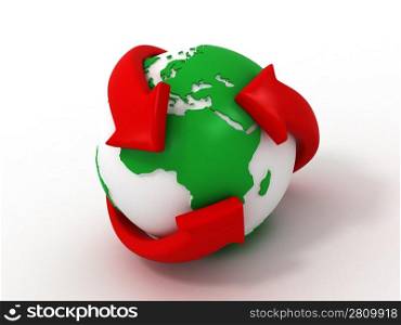 Earth with turning arrows. Recycling symbol. 3d