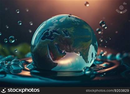 Earth world inside water drop. Global recycle. Generate Ai. Earth world inside water drop. Generate Ai