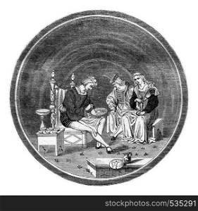 Earthenware dish of the sixteenth century, sold for three thousand francs in 1856, vintage engraved illustration. Magasin Pittoresque 1857.