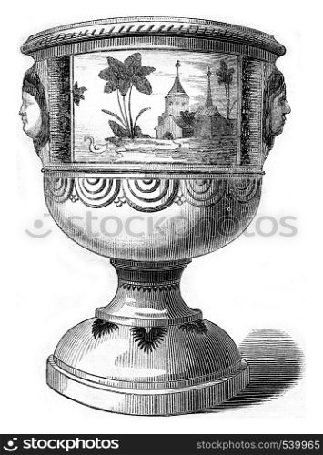 Earthenware vase of ancient porcelain Trianon, vintage engraved illustration. Magasin Pittoresque 1857.