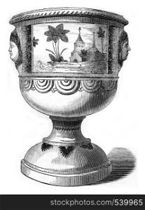 Earthenware vase of ancient porcelain Trianon, vintage engraved illustration. Magasin Pittoresque 1857.