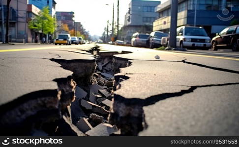 Earthquake cracked road street in city