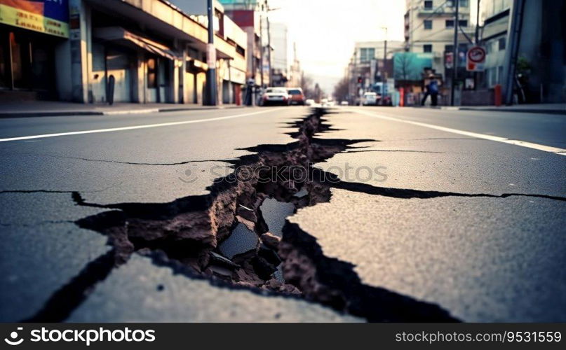 Earthquake cracked road street in city
