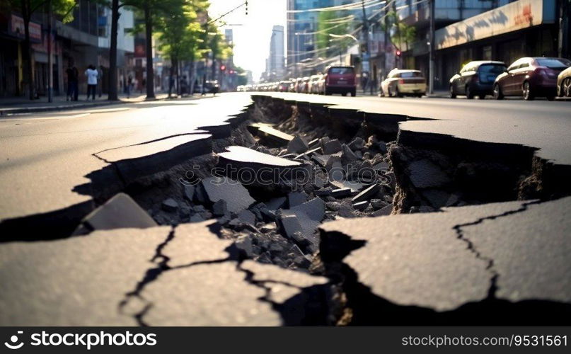 Earthquake cracked road street in city