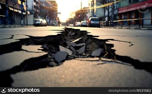 Earthquake cracked road street in city