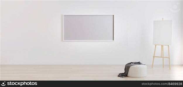 Easel with canvas in bright white room with blank horizontal frame for mockup. Artist workspace . Empty bright room with empty frame for mockup. Room with white wall and wooden floor. 3d rendering