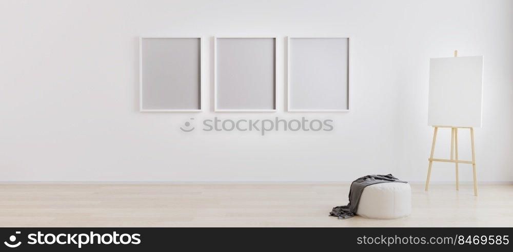 Easel with canvas in bright white room with three blank frames for mockup. Artist workspace. Empty bright room with three empty frames for mockup. Room with white wall and wooden floor. 3d rendering